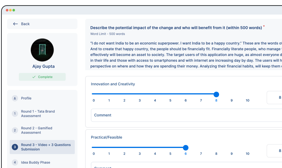 One unified dashboard on our ideathon platform with AI-assisted evaluation and shortlisting tools.