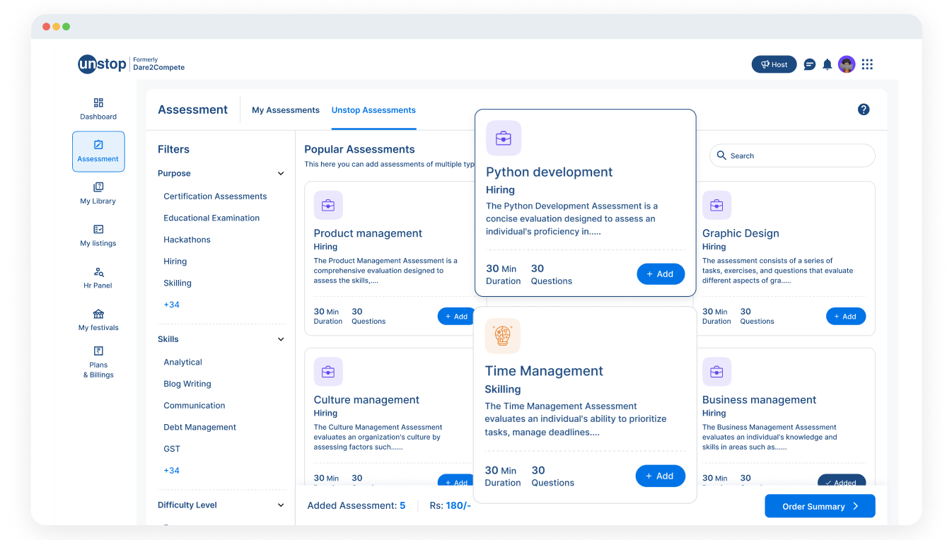 Diverse online assessments with 360° proctoring and a vast pre-built question bank.
